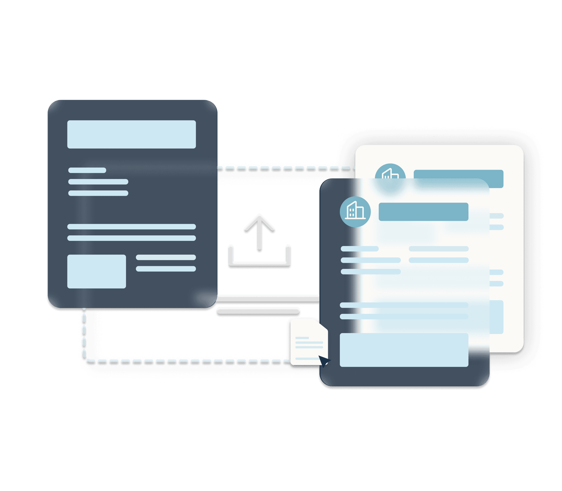 Abstract screens that represent document management overlap each other near a document upload symbol.