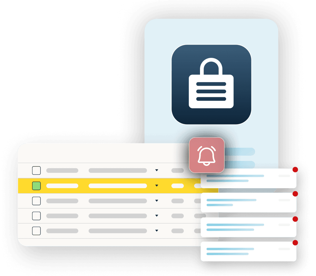 Locked icon hovers over data fields on a spreadsheet and an alert symbol.