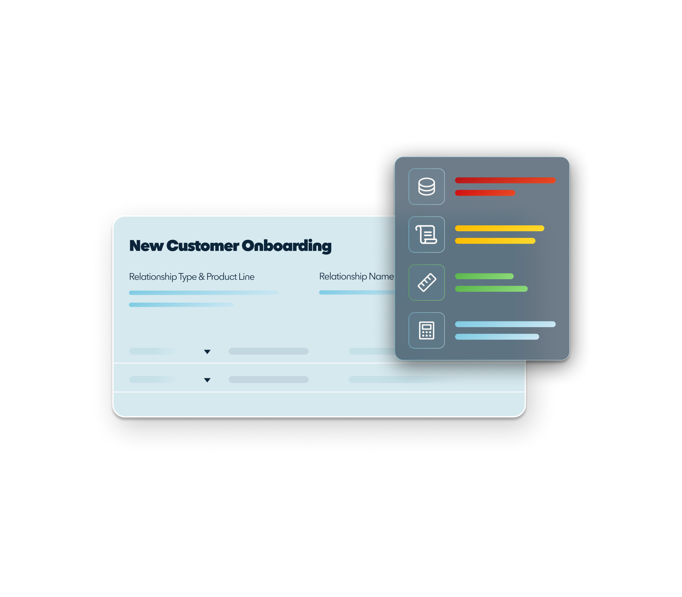 An abstract version of the new customer onboarding dialog box hovers with a checklist table on a transparent background. 