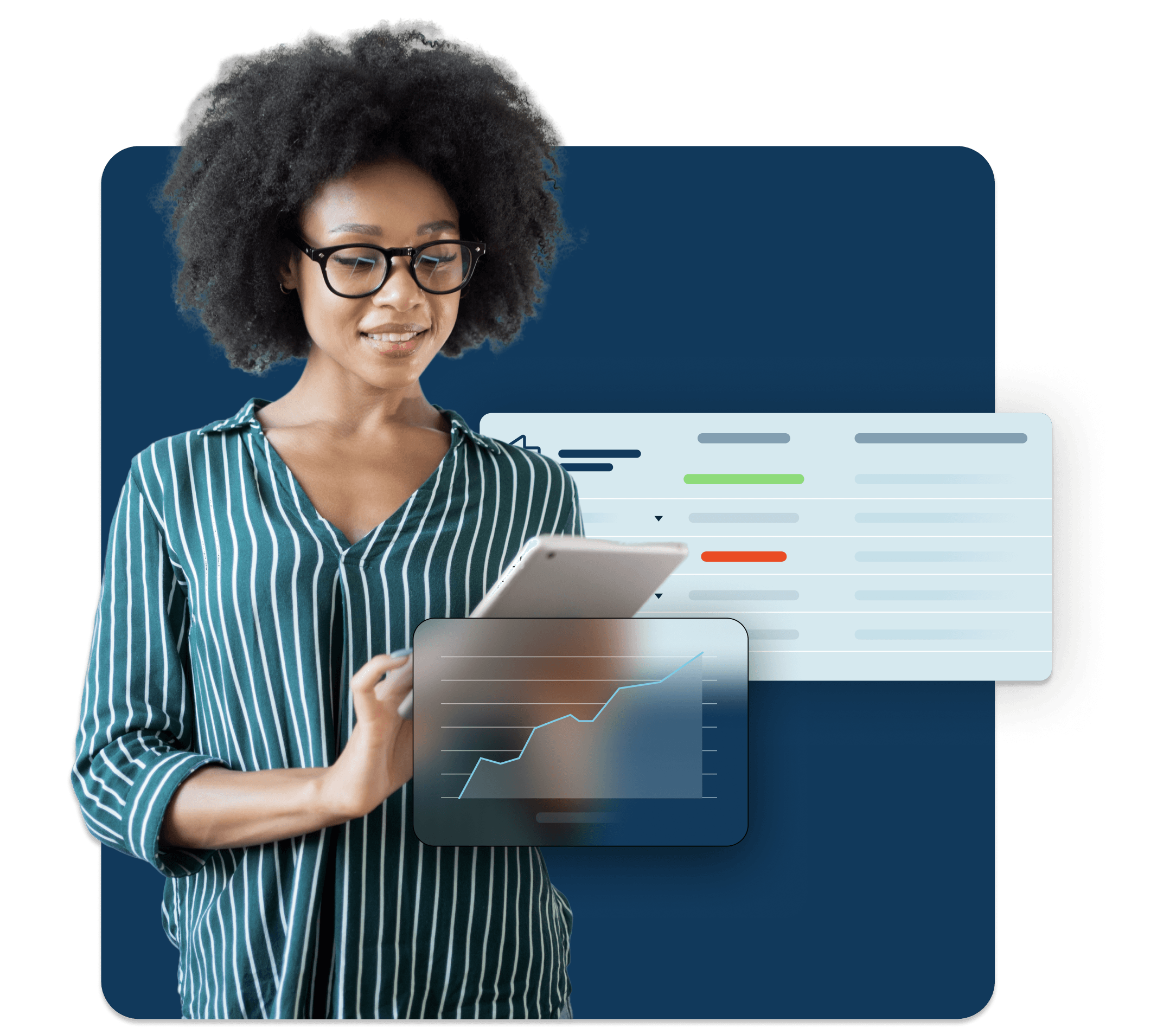 A professional woman in a striped collared shirt works on a tablet with an abstract spreadsheet floating behind her over a dark navy background.