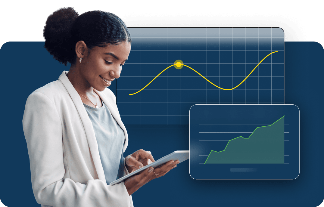 A woman smiles as she holds a tablet