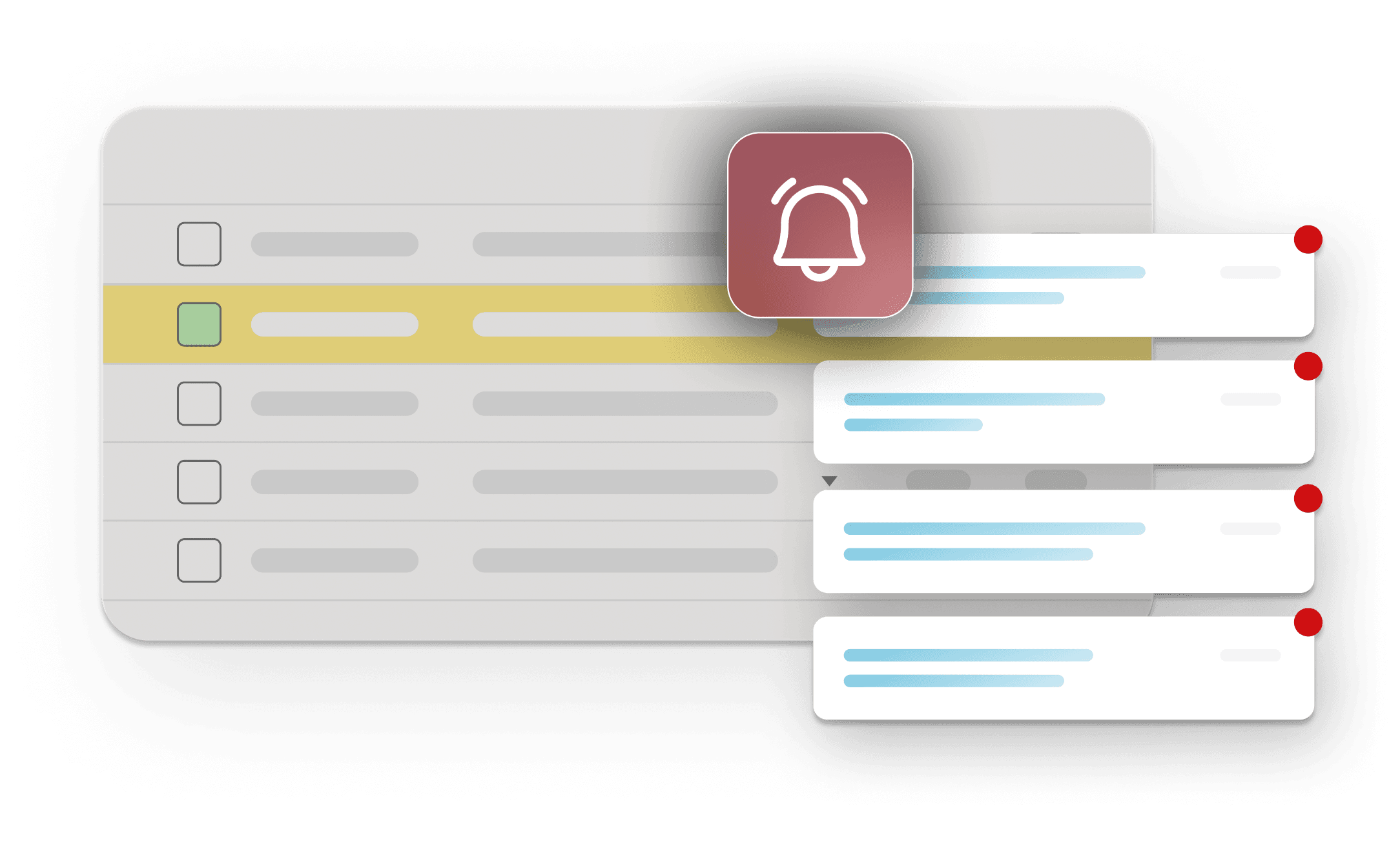 Illustration of a task list interface with overlapping notification cards and an alert icon, indicating new unread updates