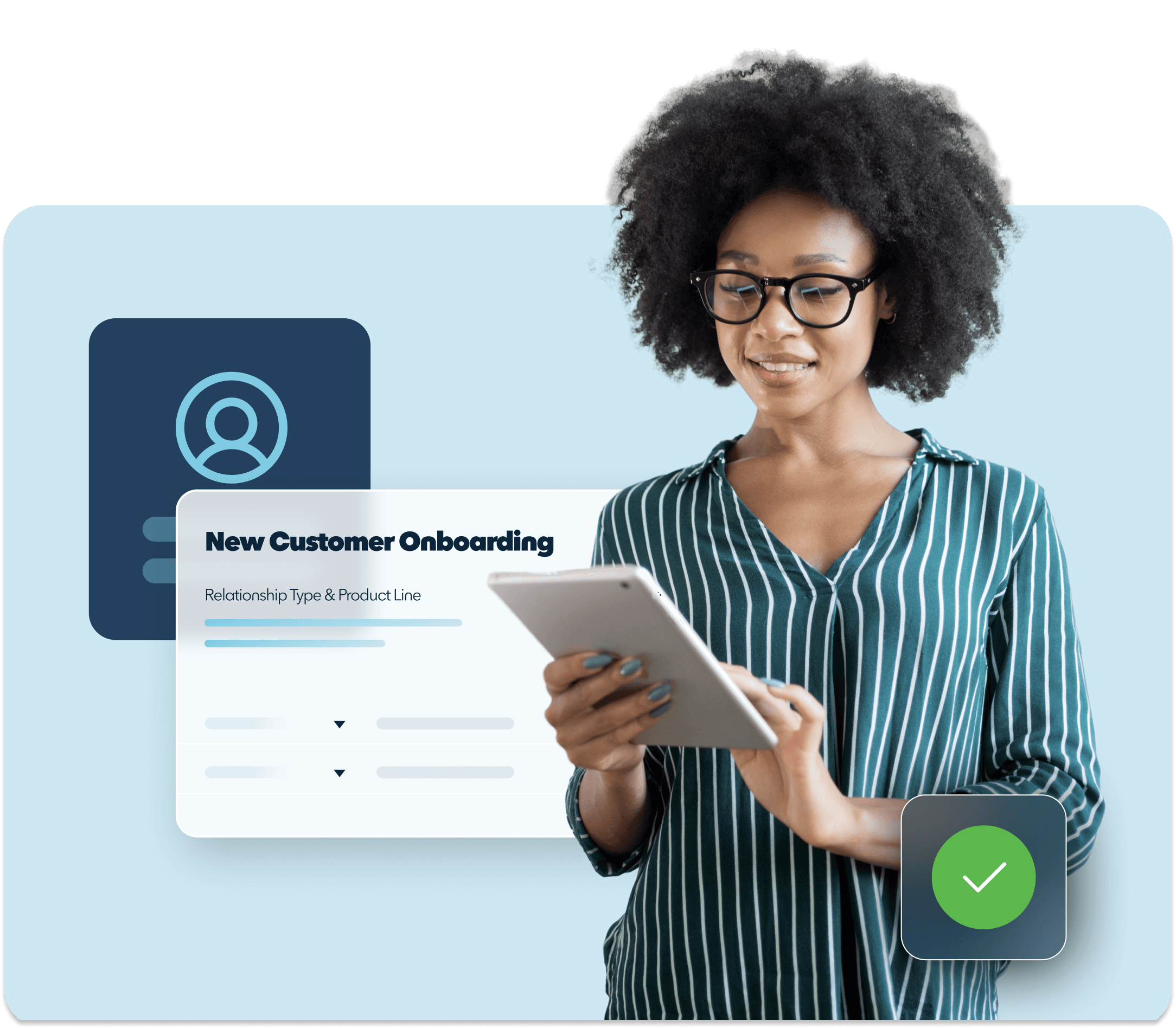 A woman with a tablet smiles as she enters data. An identification screen and list float behind her with a certified, green check button appears in front of her.
