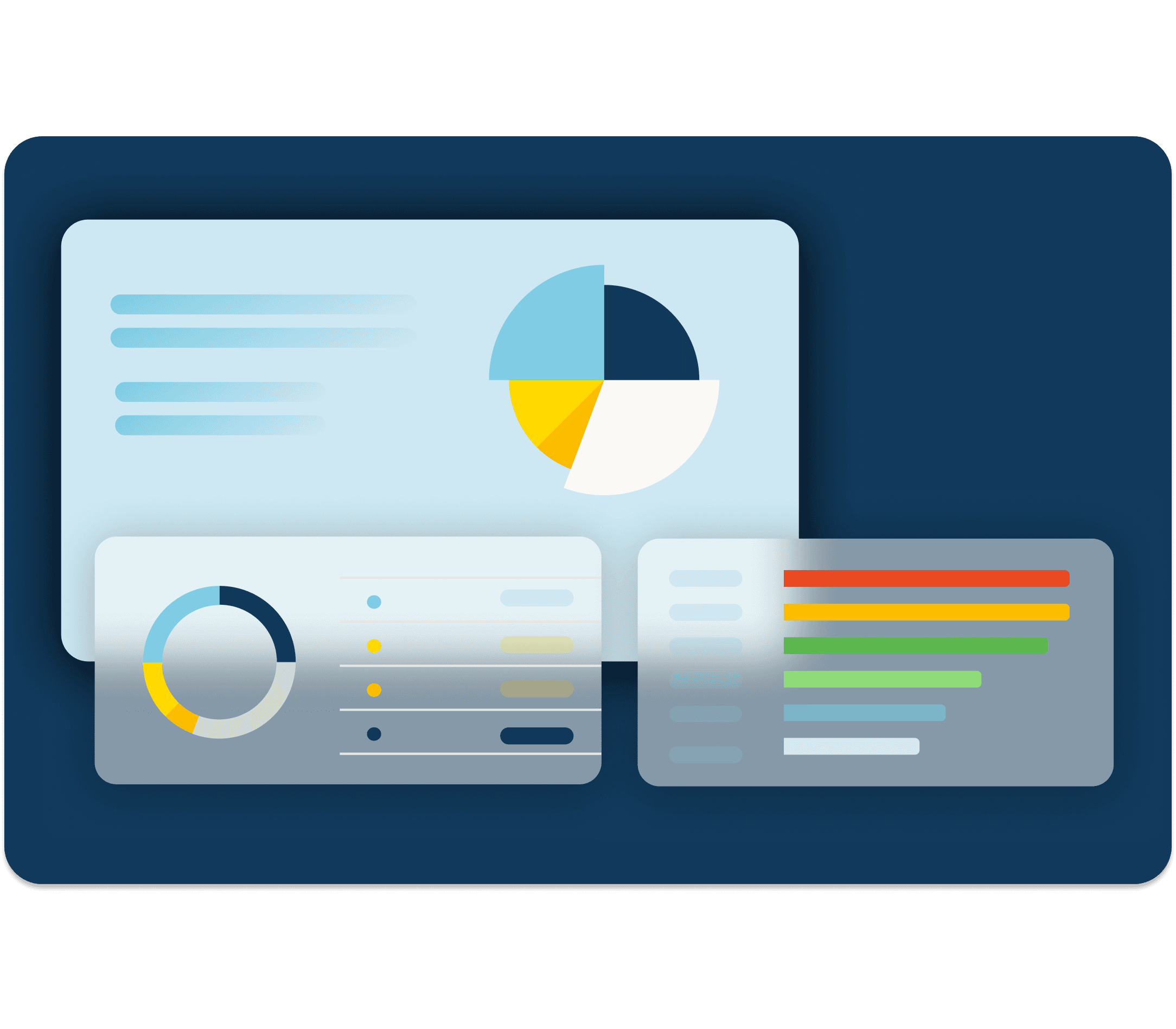 Pricing and profit data screens hover near each other with colorful graphs over a dark navy background.