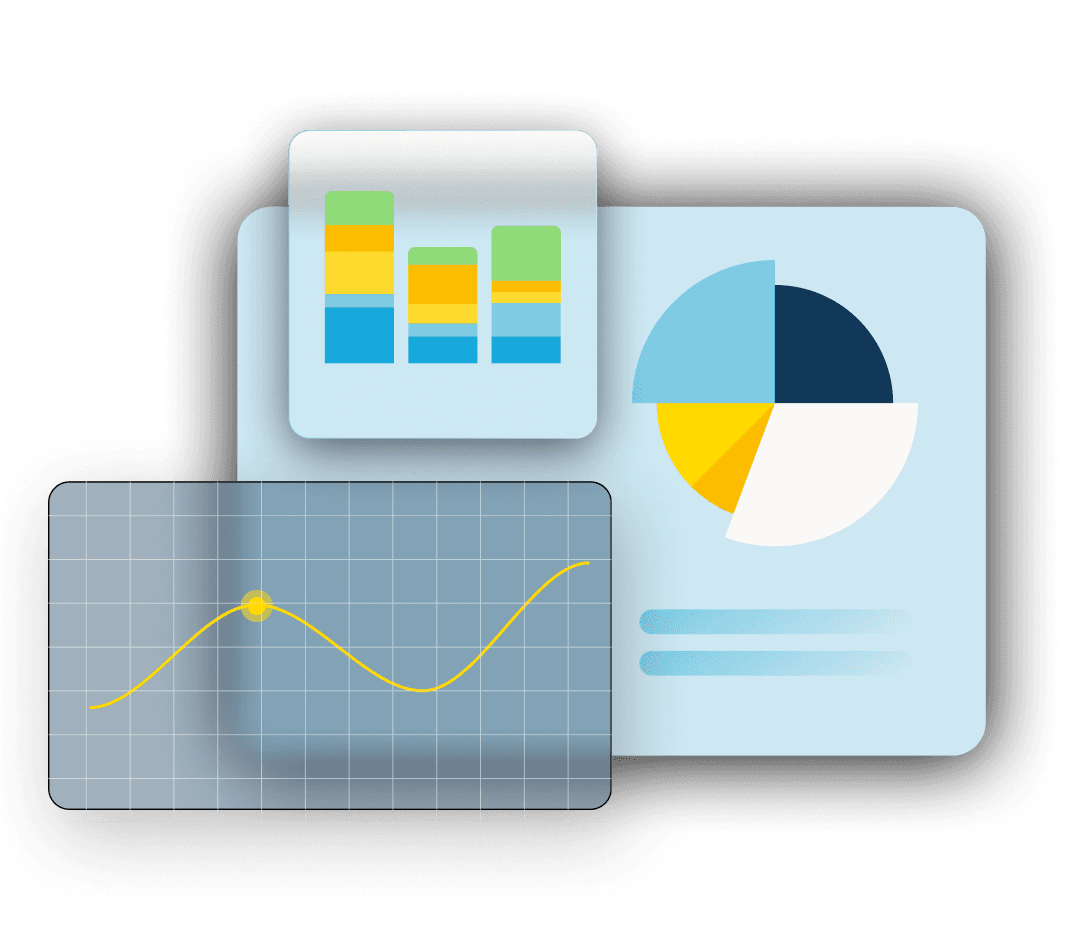 A collection of three screens with abstract graphs overlap one another over a transparent background.