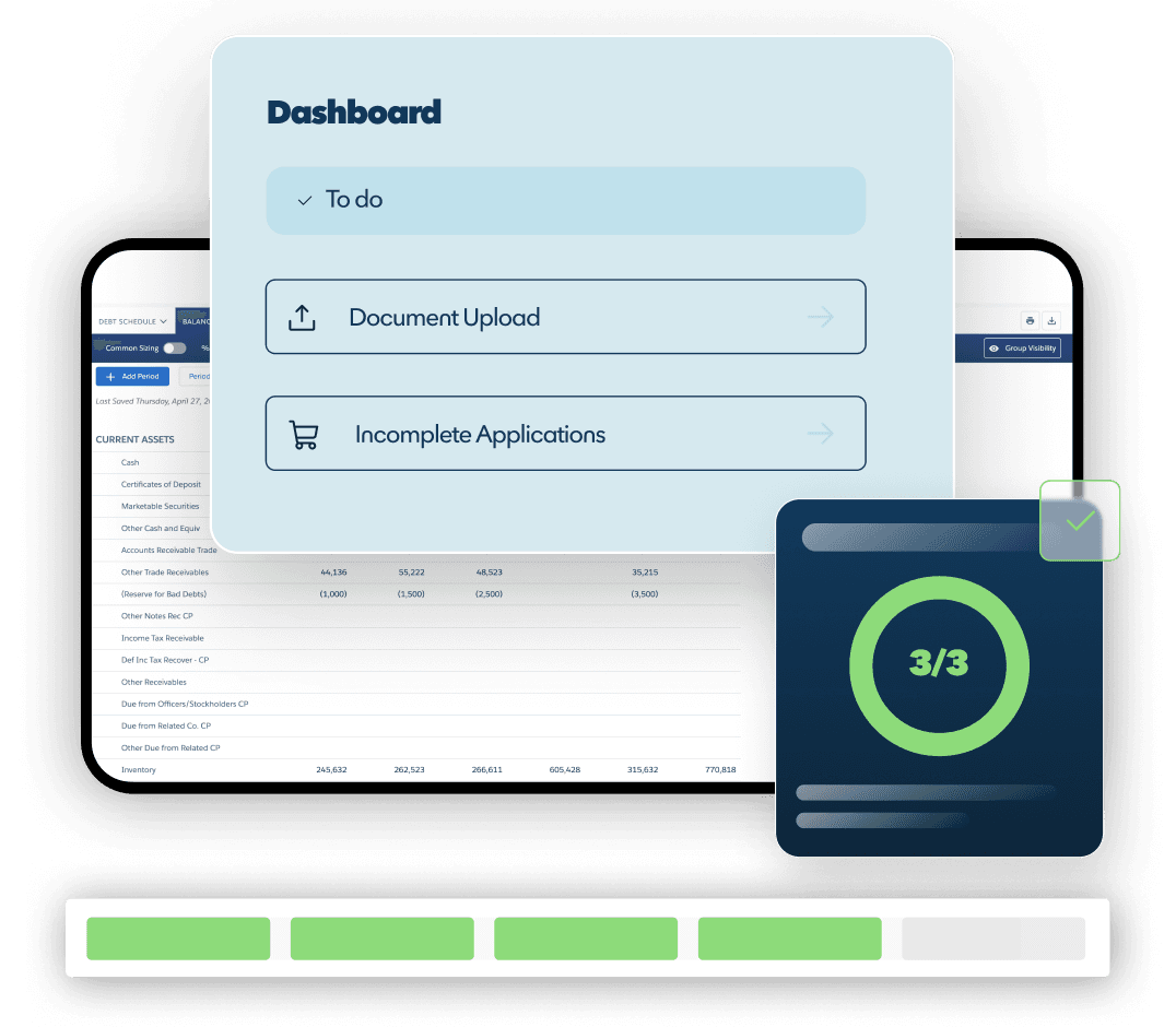 A sample dashboard user interface appears on a mobile device with two screen overlays floating above it and a status bar below the device. 