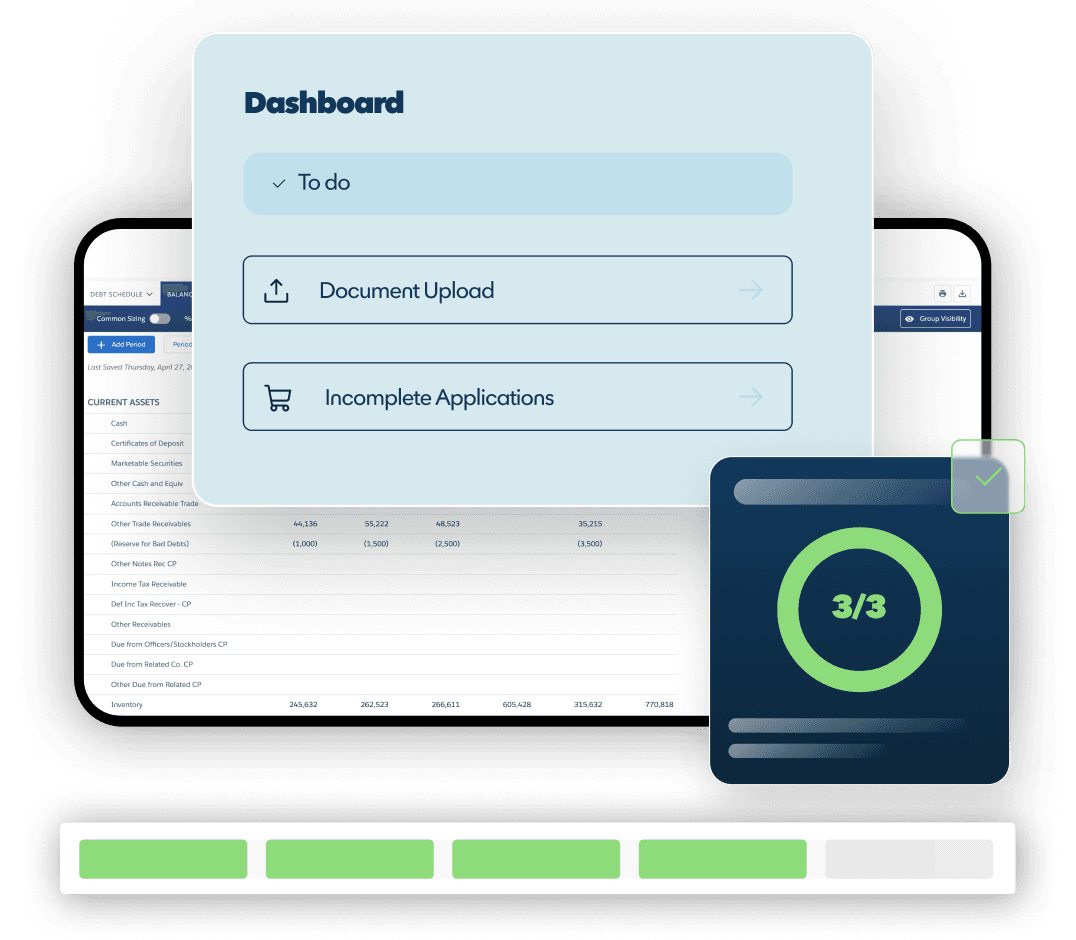 A sample dashboard user interface appears on a mobile device with two screen overlays floating above it and a status bar below the device.